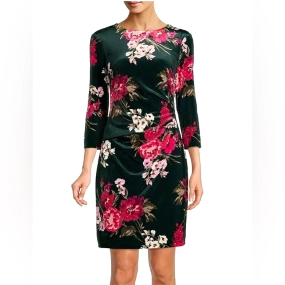 NEW Vince Camuto Floral Print Crew Neck Velvet Sheath Dress – Size 12 - Picture 5 of 5